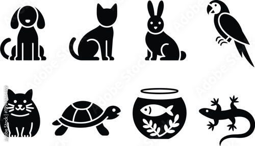 A Collection of Silhouetted Domestic Animals Including Dogs, Cats, Rabbits, Birds, and Aquatic Life in a Creative Illustration 