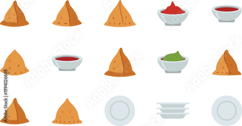 Indian snack vector illustrations showing samosas, chutneys, and plates in colorful arrangements