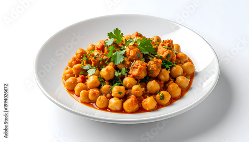 Chickpea Stew with Chopped Meat and Fresh Parsley in a White Plate: Delicious and Healthy Homemade Meal with Vibrant Colors