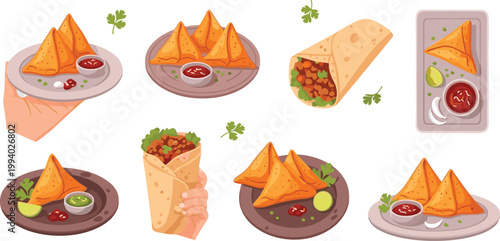 Indian street food vector illustrations showing samosas and wraps with chutneys, garnishes, and hand‑held servings