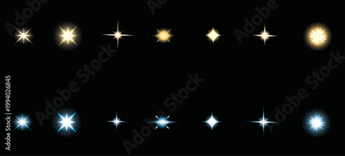 Conjunto de estrellas doradas y azules sobre fondo negro.  Ilustración vectorial para fondos y diseños.