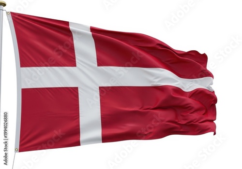 Danish flag waving in the wind, red and white nordic cross, national symbol of denmark, high quality 3d render isolated on white background