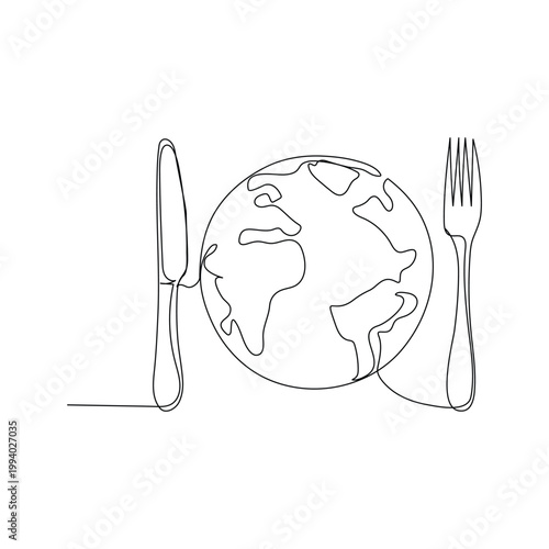Global food concept with earth plate and fork knife line art