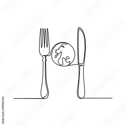 Global food concept with earth plate and fork knife line art