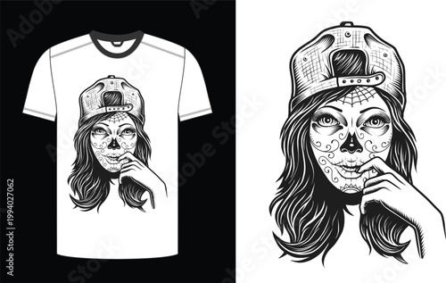 Stylish woman with sugar skull face paint wearing a baseball cap illustration