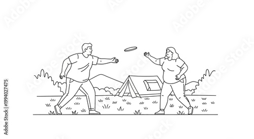 Couple playing frisbee outdoors during a camping trip in nature.