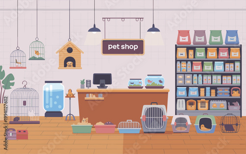 Pets and animals are on sale at the pet shop counter indoors.