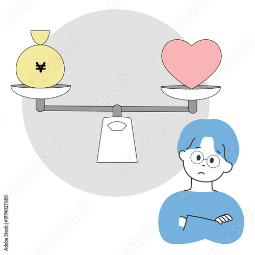 お金と愛のどちらが大切か悩んでいる若い男性のイラスト