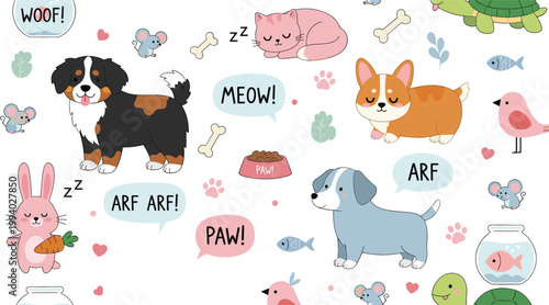 Cute Pet Pattern Illustration with Dogs, Cats, Speech Bubbles, Paw Prints, and Animal Elements, Seamless Cartoon Background Vector Design