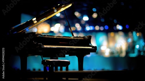 Grand Piano in Concert Hall Commercial Asset, Black Polished Surface Soft Spotlight, Blurred Stage Background, Elegant Music Art Design Element