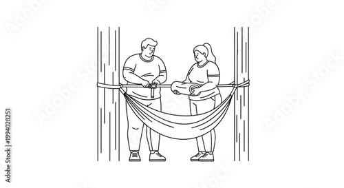 Couple Setting Up Hammock Between Two Trees for Relaxation.