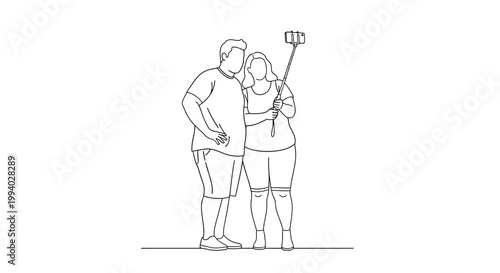Couple Taking a Selfie Together with a Monopod, Posing Happily.