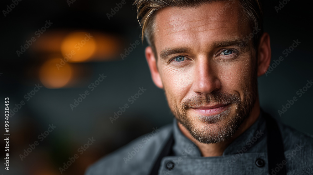 Fototapeta premium Chef in Clean Minimal Kitchen Environment With Subtle Excitement and Confident Expression Under Soft Lighting for Craftsmanship and Passion Concept