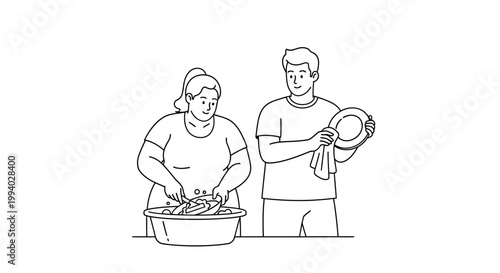 Couple Washing Dishes Together in the Kitchen, Daily Chores.