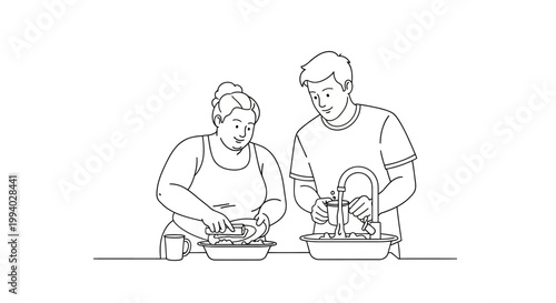 Couple Washing Dishes Together in the Kitchen, Daily Chores.