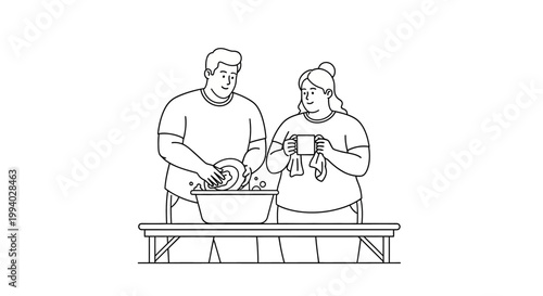 Couple Washing Dishes Together in the Kitchen, Daily Chores, Cleaning.