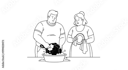 Couple Washing Dishes Together in the Kitchen, Daily Chores.
