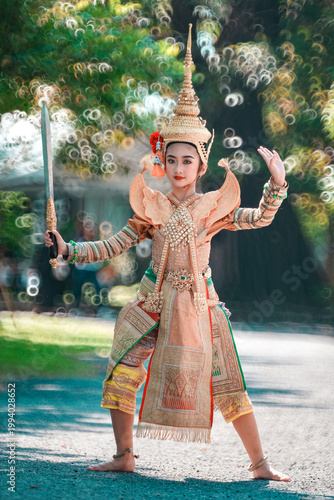 Traditional Thai Dance Performance with Mask and Sword in Thailand
