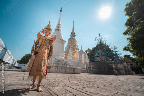 Traditional Masked Dance Performance in Historic Thailand Background