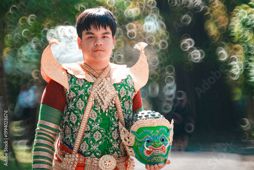 Traditional Thai Masked Dance Performer in Colorful Costume Portrait