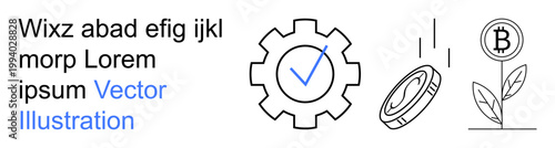 Cryptocurrency assets, blockchain security, fintech investments, financial technology, growth solutions, digital ecosystems. Gear with checkmark, falling coin Bitcoin plant. Blockchain security