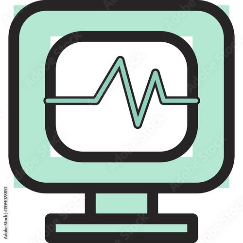 Mint green monitor screen displaying an ECG heartbeat wave, representing cardiac monitoring, vital signs tracking, electrocardiogram, patient health surveillance, and cardiology diagnosis.