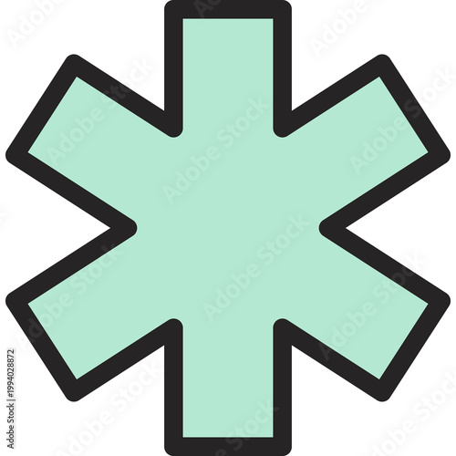 Mint green eight-pointed medical asterisk star, representing emergency medical services, first aid, healthcare symbol, hospital branding, and critical care identification.