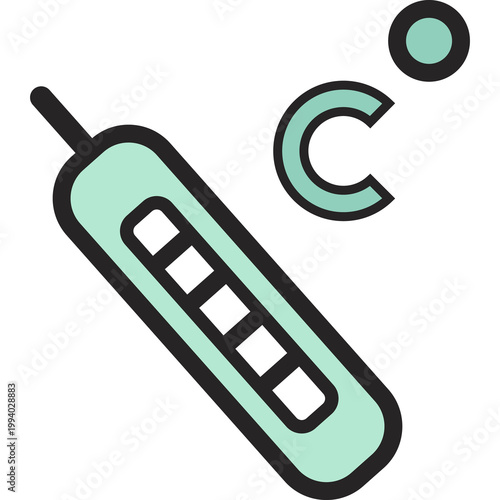 Mint green medical thermometer with the letter C, representing body temperature measurement, fever detection, clinical diagnosis, Celsius reading, and patient health monitoring.
