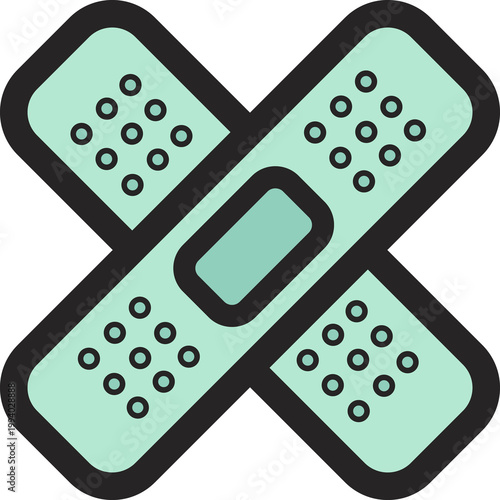 Two mint green adhesive bandages crossed in an X shape, representing wound care, first aid treatment, injury healing, medical protection, and skin recovery support.
