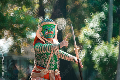 Traditional Thai Masked Dance Performance with Colorful Costume