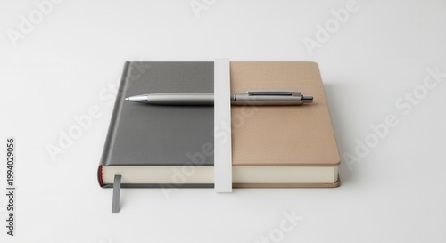 Two bound journals sit side-by-side, linked with a strap, and holding a pen, conveying study, writing, or planning, in a flat lay, isolated