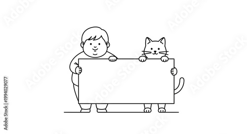 Cute child and cat holding blank sign for your message.
