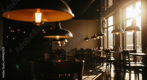 Serene and Moody Interior Pendants glow warmly inside an empty restaurant, bathed in streaming sunlight from large windows, creating an inviting atmosphere.