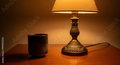 Glowing lamp illuminates bedside table next to dark coffee cup, creating cozy, warm, inviting, atmospheric, natural, and intimate moment at home
