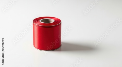 Crimson Ribbon Spool close up of smooth red ribbon roll casting a soft shadow on a clean white surface, product photography style for crafting use.
