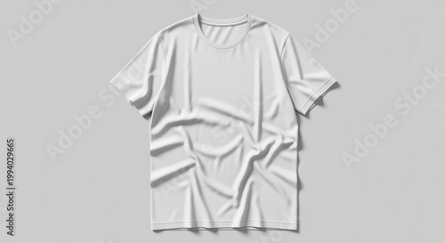 Wrinkled white t-shirt laying flat with casual creases, product shot mockup on neutral grey, minimalist presentation, clean styling, and comfortable soft fabric