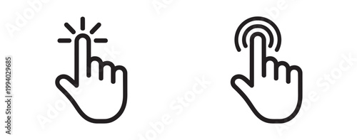 Hand cursor click icon set, pointer sign and symbol, computer mouse clicking finger icons, vector elements, editable stroke design
