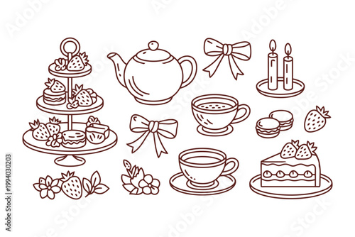 Afternoon tea set with cakes and strawberries hand drawn outline.
