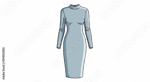 Elegant light blue bodycon midi dress illustration, featuring a high neck and long sleeves, showcasing modern women's fashion and versatile apparel design for various occasions