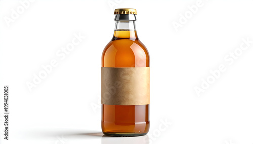 Amber glass bottle with blank paper label filled with golden liquid set against a clean white backdrop perfect for brand presentation