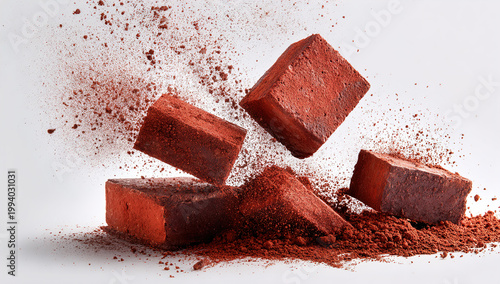 flying pieces and powder of broken red brick on white background