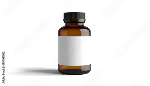 Amber glass bottle with blank white label brown liquid and black cap studio shot for pharmaceutical healthcare and natural medicine industries