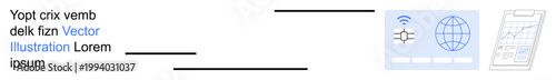 Digital communication, connectivity, remote work, global data, wireless technology, online platforms. A globe, wireless icon and mobile device with data charts. Communication and connectivity