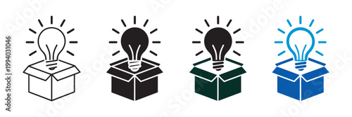 Think outside box icon set, creative idea icons, light bulb emerging from open box, innovation thinking outside the box symbol, vector collection
