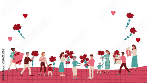 母の日のデザインに向けた、カーネーションやプレゼントを持つ親子などの人々のベクターフレームイラスト素材 16:9 Hand-drawn vector background illustrations featuring people holding carnations and gifts for Mother’s Day