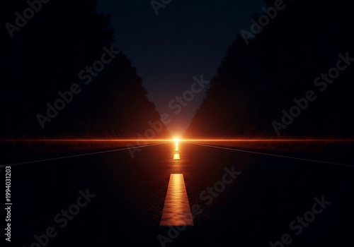 A long dark road leading towards a bright glowing horizon at night