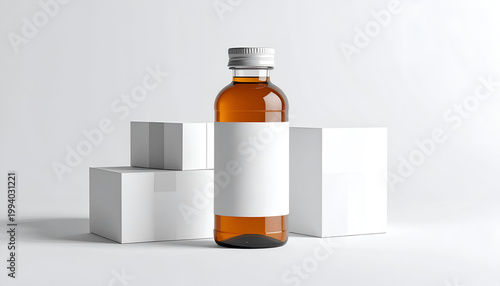 Amber glass bottle mockup with white label displayed on clean white blocks a modern minimalist pharmaceutical product presentation
