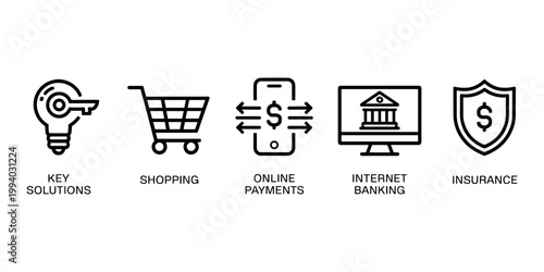 Black line for finance and shopping concepts line black and white key solutions online payments in white background