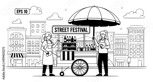 Street Vendor Food Cart with Umbrella Vector Illustration