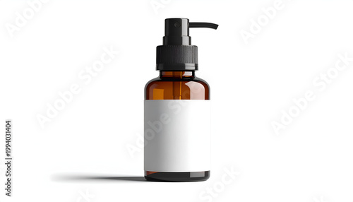 Amber glass bottle with black pump dispenser for cosmetic lotion or liquid soap; isolated product shot with blank white label